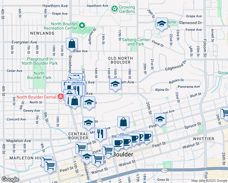 map of restaurants, bars, coffee shops, grocery stores, and more near 1661 Alpine Avenue in Boulder