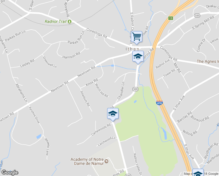map of restaurants, bars, coffee shops, grocery stores, and more near 510 Chandler Lane in Villanova