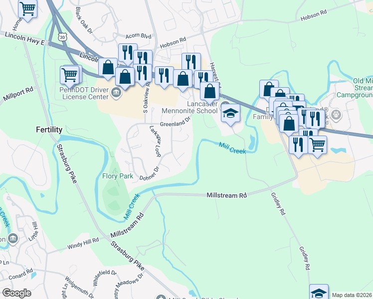 map of restaurants, bars, coffee shops, grocery stores, and more near 447 Lupine Circle in Lancaster