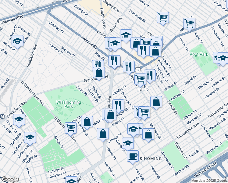 map of restaurants, bars, coffee shops, grocery stores, and more near 6138 Charles Street in Philadelphia