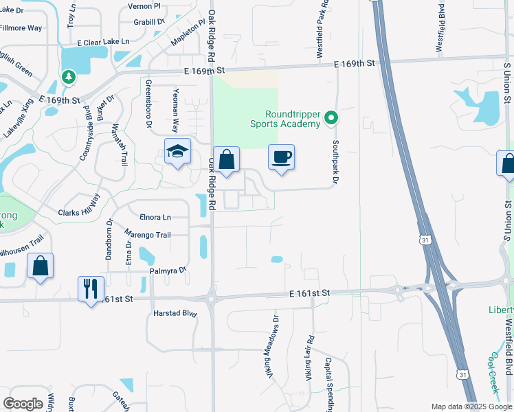 map of restaurants, bars, coffee shops, grocery stores, and more near 837 Ellis Park Drive in Westfield