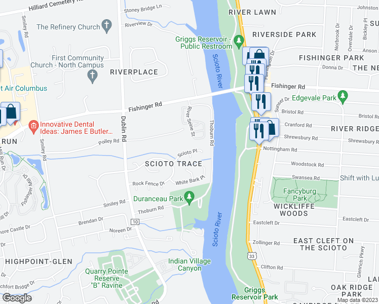 map of restaurants, bars, coffee shops, grocery stores, and more near 2998 Scioto Place in Columbus