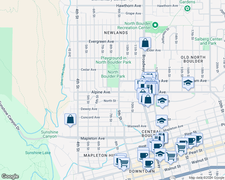 map of restaurants, bars, coffee shops, grocery stores, and more near 815 Alpine Drive in Boulder