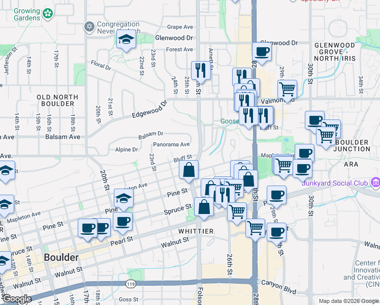 map of restaurants, bars, coffee shops, grocery stores, and more near 2528 Bluff Street in Boulder