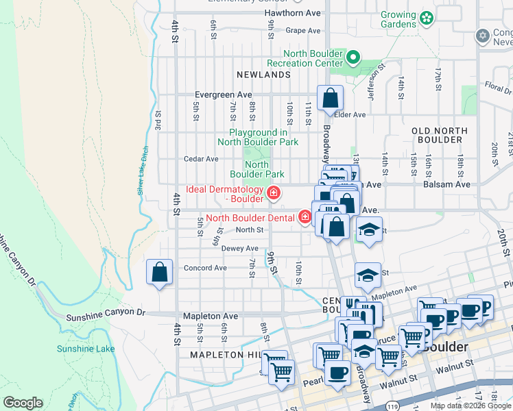map of restaurants, bars, coffee shops, grocery stores, and more near 815 Alpine Avenue in Boulder