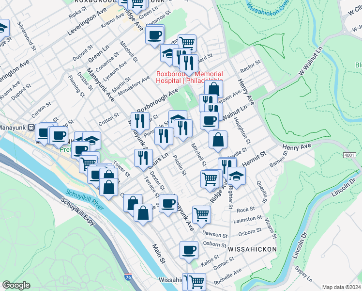 map of restaurants, bars, coffee shops, grocery stores, and more near 412 Shurs Lane in Philadelphia