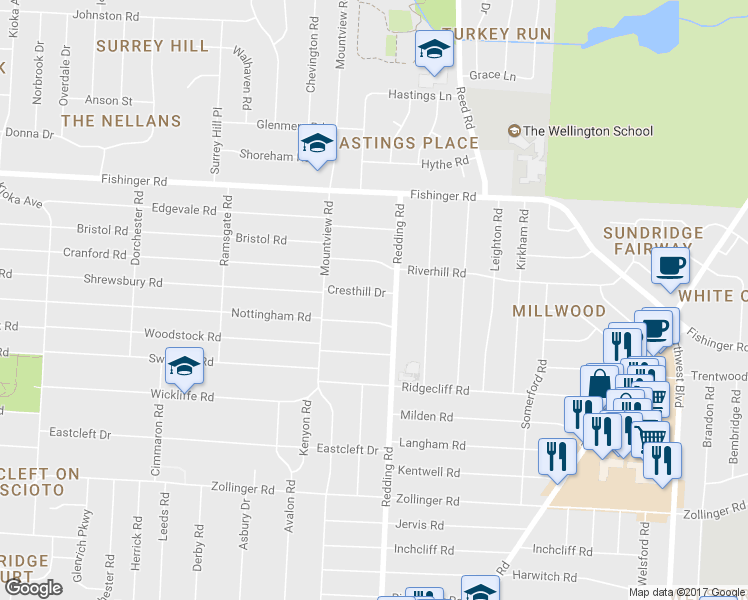 map of restaurants, bars, coffee shops, grocery stores, and more near 2101 Cresthill Drive in Columbus