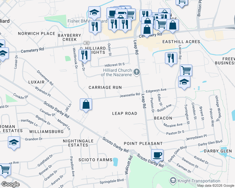 map of restaurants, bars, coffee shops, grocery stores, and more near 3602 Scarberry Drive in Hilliard