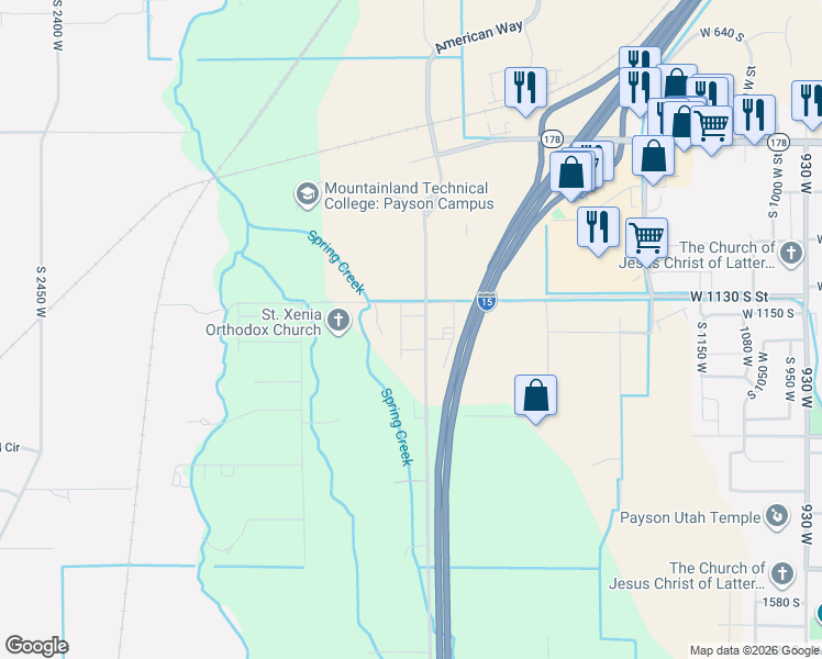 map of restaurants, bars, coffee shops, grocery stores, and more near 1703 1160 South in Payson