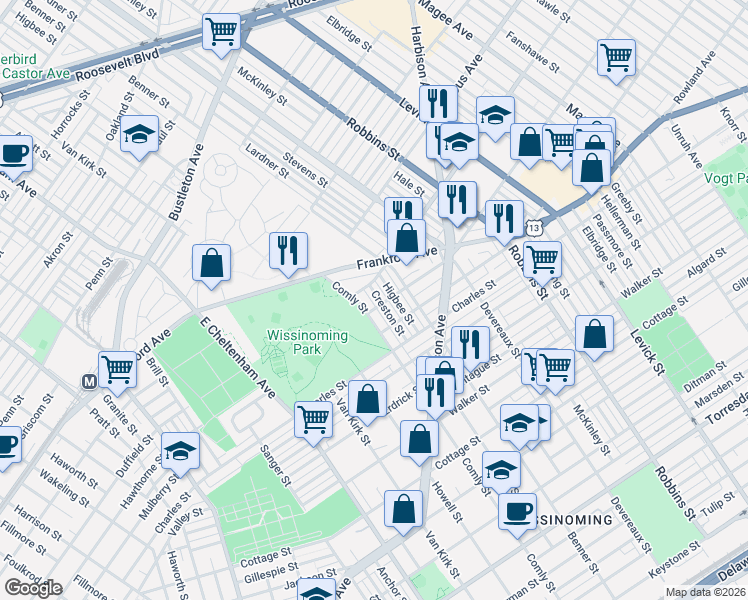 map of restaurants, bars, coffee shops, grocery stores, and more near 4002 Creston Street in Philadelphia