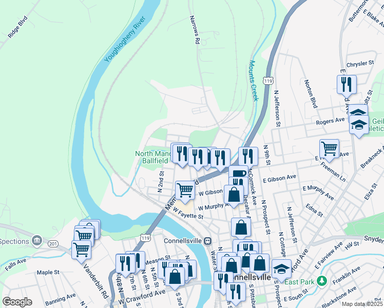 map of restaurants, bars, coffee shops, grocery stores, and more near 401 Connell Avenue in Connellsville