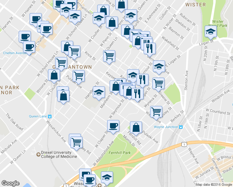 map of restaurants, bars, coffee shops, grocery stores, and more near 5040 Wayne Ave in Philadelphia