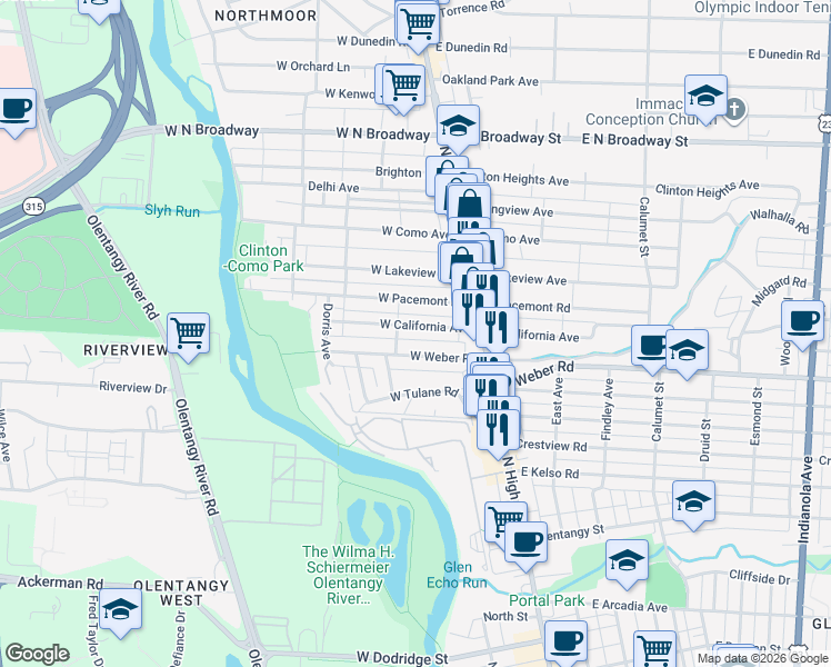 map of restaurants, bars, coffee shops, grocery stores, and more near 107 West California Avenue in Columbus