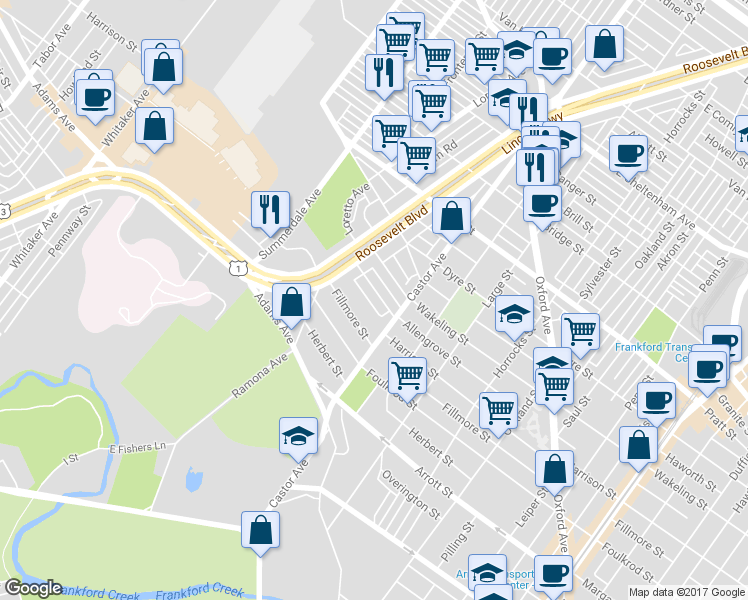 map of restaurants, bars, coffee shops, grocery stores, and more near 974 Allengrove Street in Philadelphia