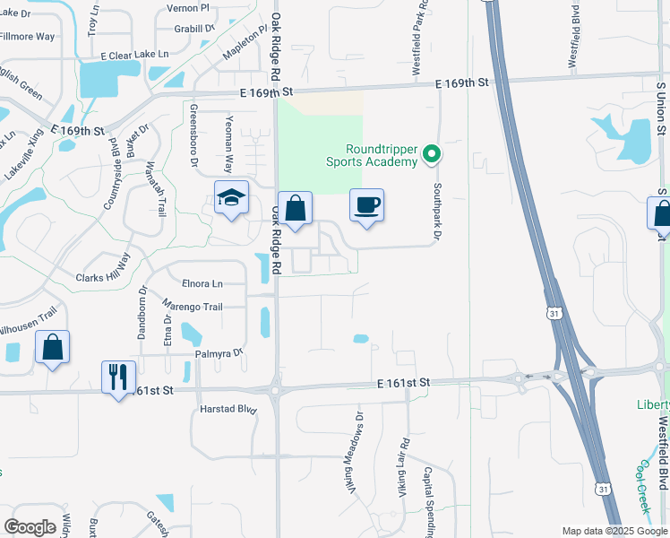 map of restaurants, bars, coffee shops, grocery stores, and more near 16315 Meadowlands Court in Westfield