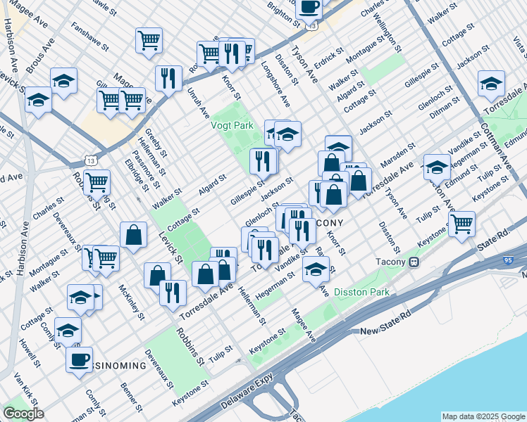 map of restaurants, bars, coffee shops, grocery stores, and more near 6642 Glenloch Street in Philadelphia