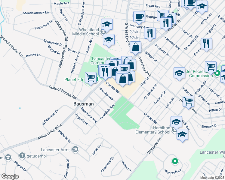 map of restaurants, bars, coffee shops, grocery stores, and more near 102 Charles Road in Lancaster