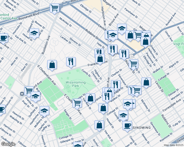 map of restaurants, bars, coffee shops, grocery stores, and more near 4018 Creston Street in Philadelphia