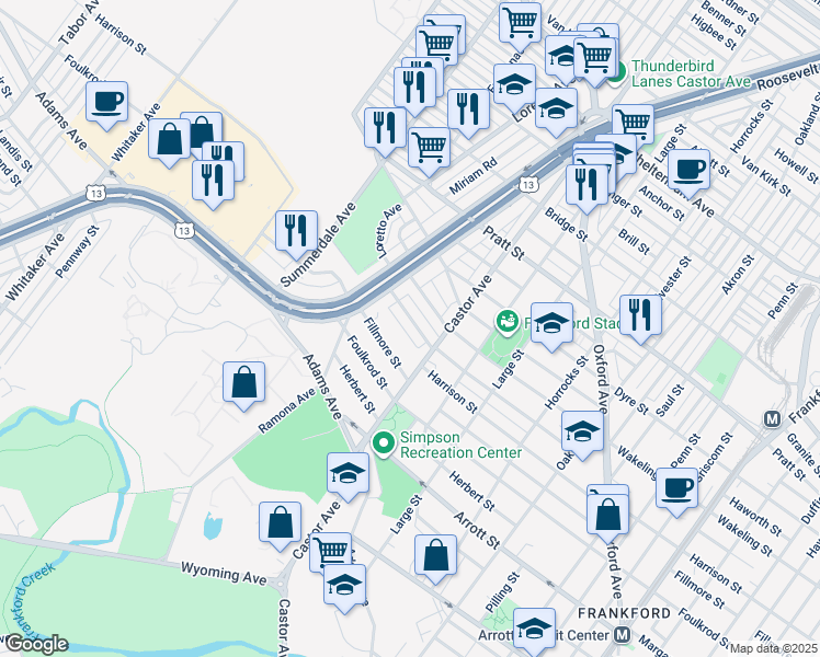 map of restaurants, bars, coffee shops, grocery stores, and more near 974 Allengrove Street in Philadelphia