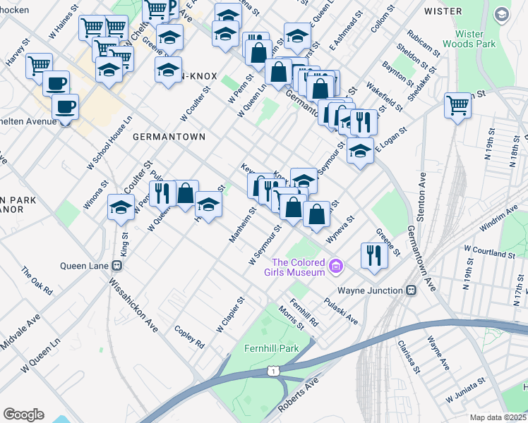 map of restaurants, bars, coffee shops, grocery stores, and more near 5040 Wayne Avenue in Philadelphia