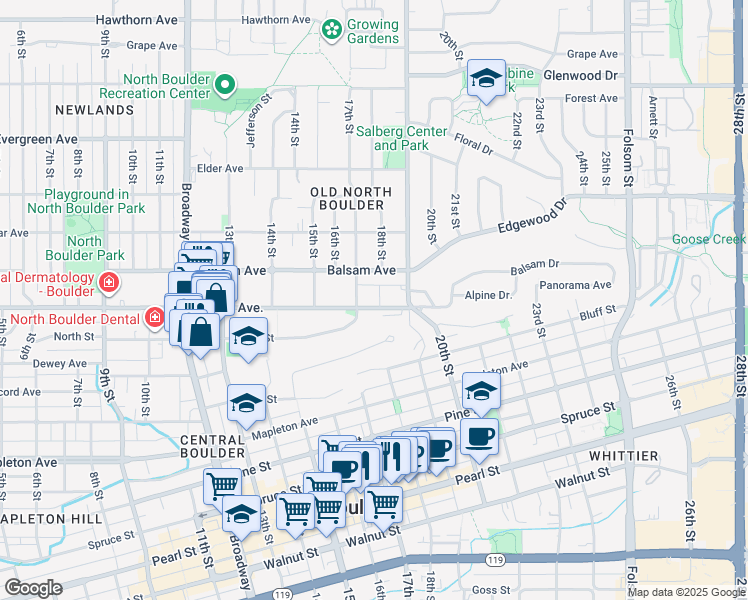 map of restaurants, bars, coffee shops, grocery stores, and more near 2730-2732 17th Street in Boulder
