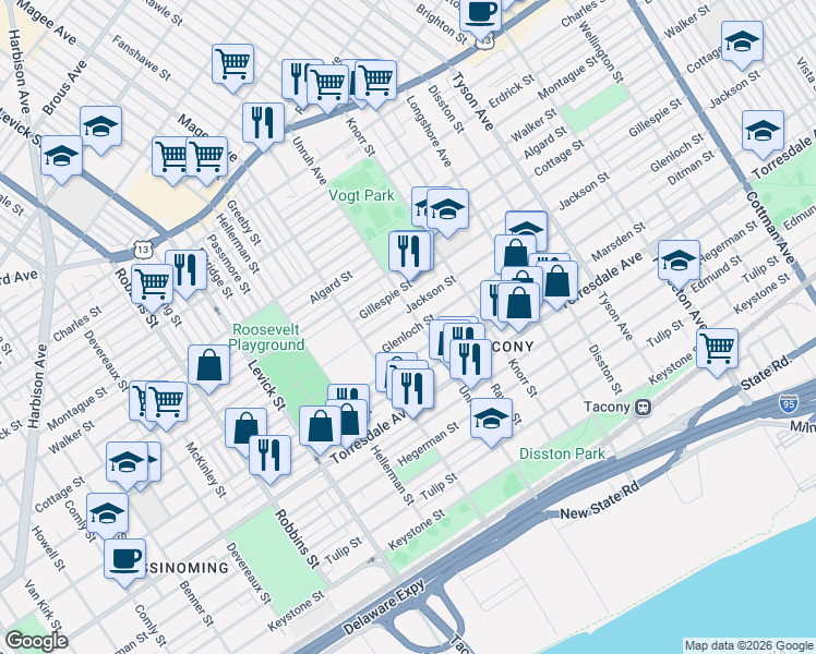 map of restaurants, bars, coffee shops, grocery stores, and more near 4521 Unruh Avenue in Philadelphia