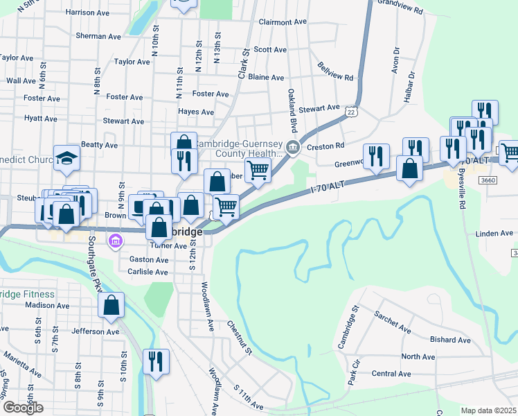 map of restaurants, bars, coffee shops, grocery stores, and more near 1420 East Wheeling Avenue in Cambridge