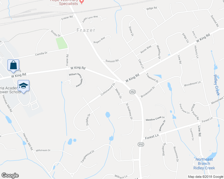 map of restaurants, bars, coffee shops, grocery stores, and more near 804 Cottonwood Drive in Malvern