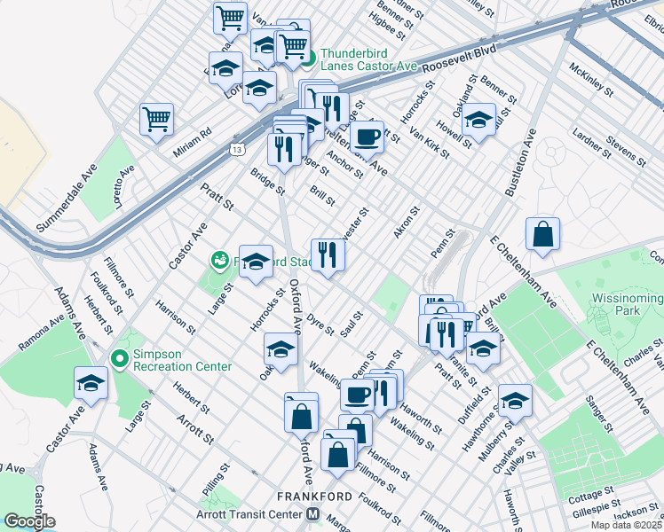 map of restaurants, bars, coffee shops, grocery stores, and more near 5217 Sylvester Street in Philadelphia
