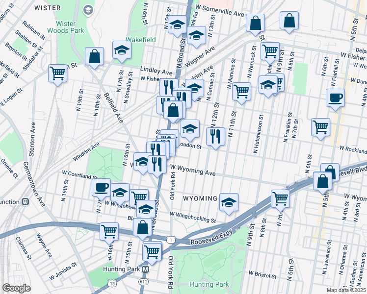 map of restaurants, bars, coffee shops, grocery stores, and more near 4735 Old York Road in Philadelphia