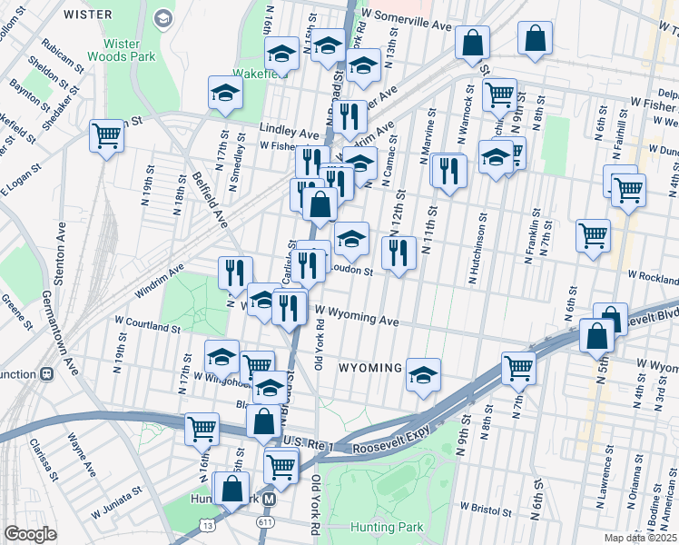 map of restaurants, bars, coffee shops, grocery stores, and more near 4735 Old York Road in Philadelphia