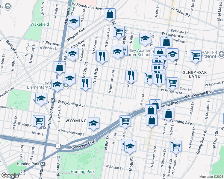 map of restaurants, bars, coffee shops, grocery stores, and more near 4839 North Hutchinson Street in Philadelphia