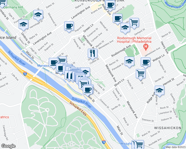 map of restaurants, bars, coffee shops, grocery stores, and more near 4229 Boone Street in Philadelphia
