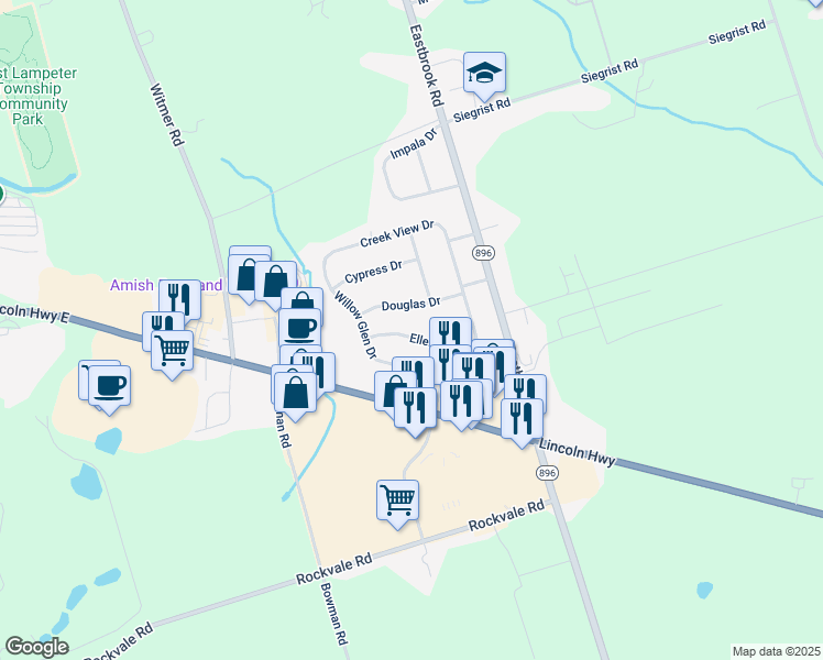 map of restaurants, bars, coffee shops, grocery stores, and more near 2447 Ellendale Drive in Lancaster