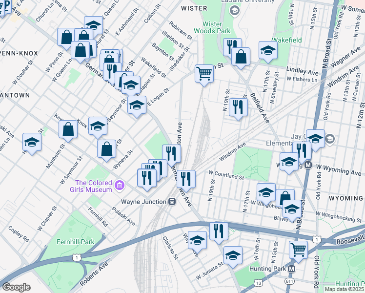 map of restaurants, bars, coffee shops, grocery stores, and more near 4661 Stenton Avenue in Philadelphia