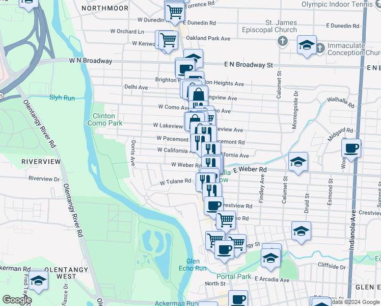 map of restaurants, bars, coffee shops, grocery stores, and more near 35 West California Avenue in Columbus
