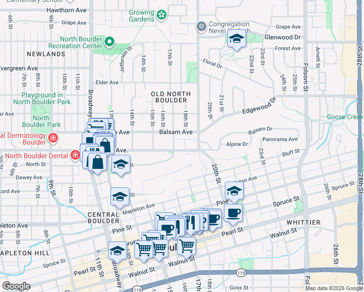 map of restaurants, bars, coffee shops, grocery stores, and more near 2730-2732 17th Street in Boulder