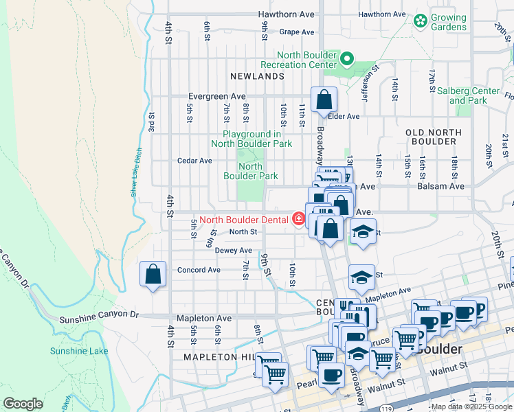 map of restaurants, bars, coffee shops, grocery stores, and more near 815 Alpine Drive in Boulder