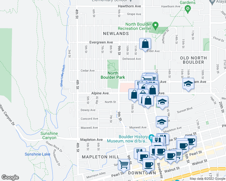 map of restaurants, bars, coffee shops, grocery stores, and more near 815 Alpine Drive in Boulder