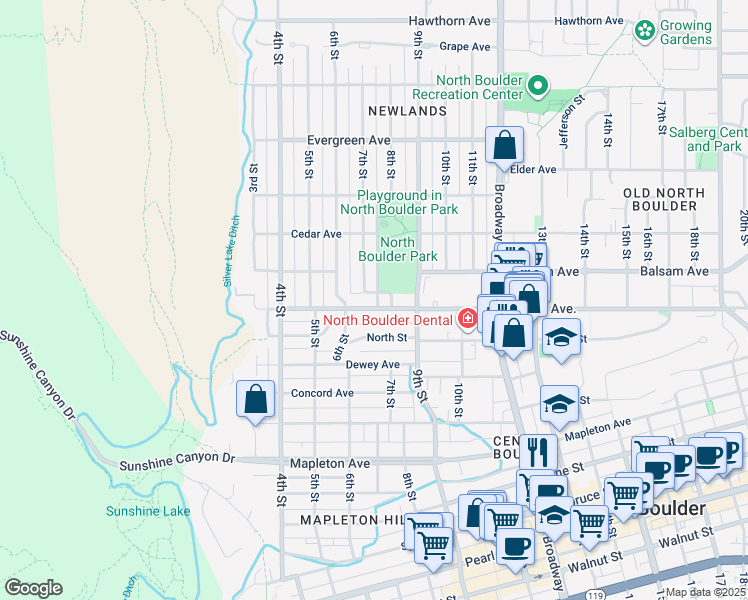 map of restaurants, bars, coffee shops, grocery stores, and more near 2735 7th Street in Boulder