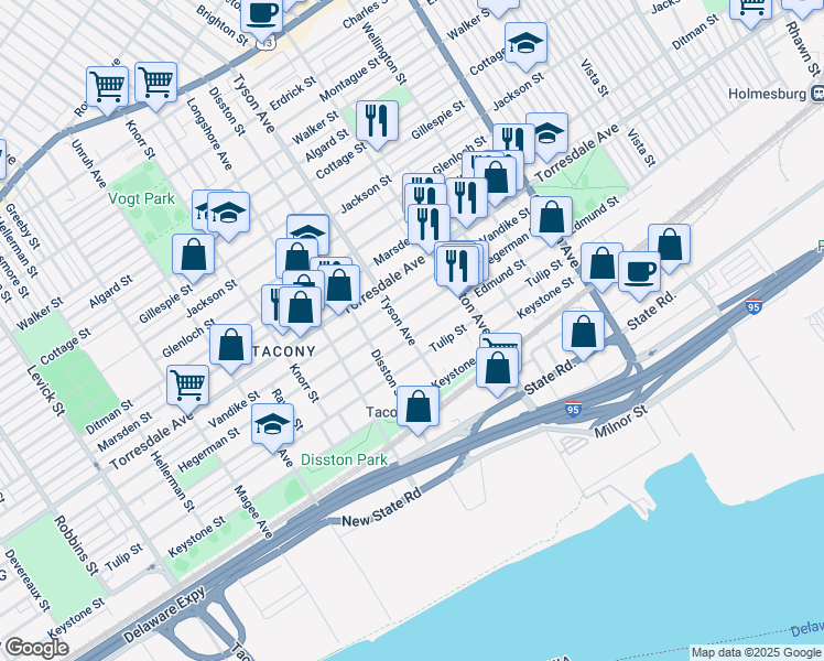 map of restaurants, bars, coffee shops, grocery stores, and more near 7017 Hegerman Street in Philadelphia