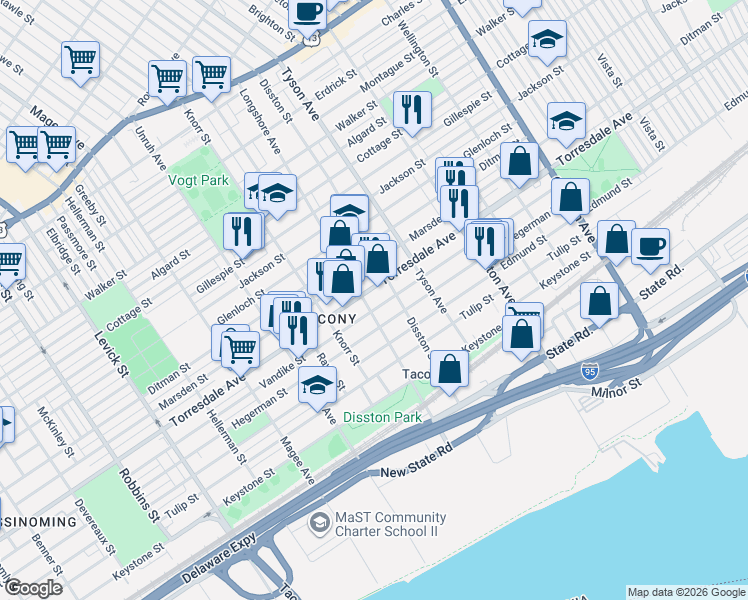 map of restaurants, bars, coffee shops, grocery stores, and more near 4712 Disston Street in Philadelphia