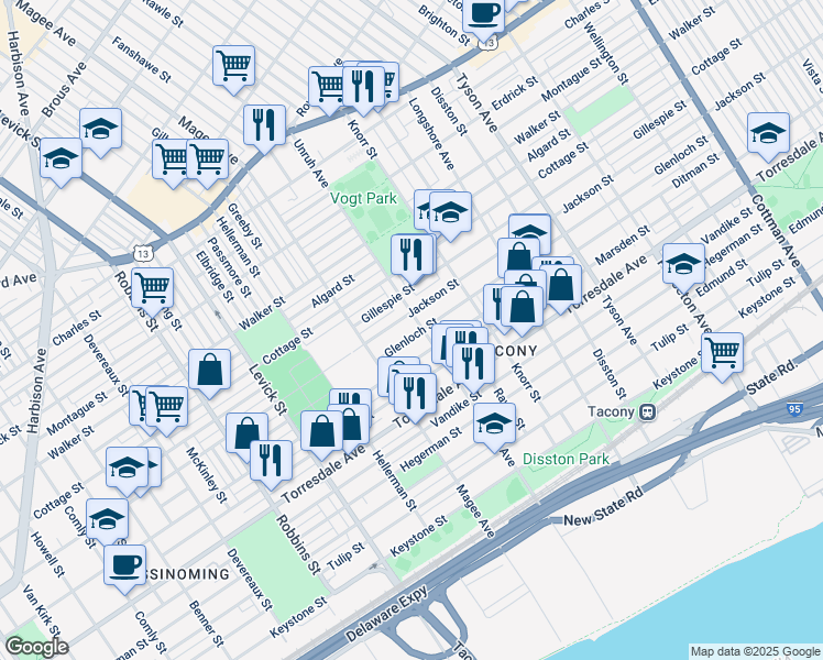 map of restaurants, bars, coffee shops, grocery stores, and more near 6642 Glenloch Street in Philadelphia