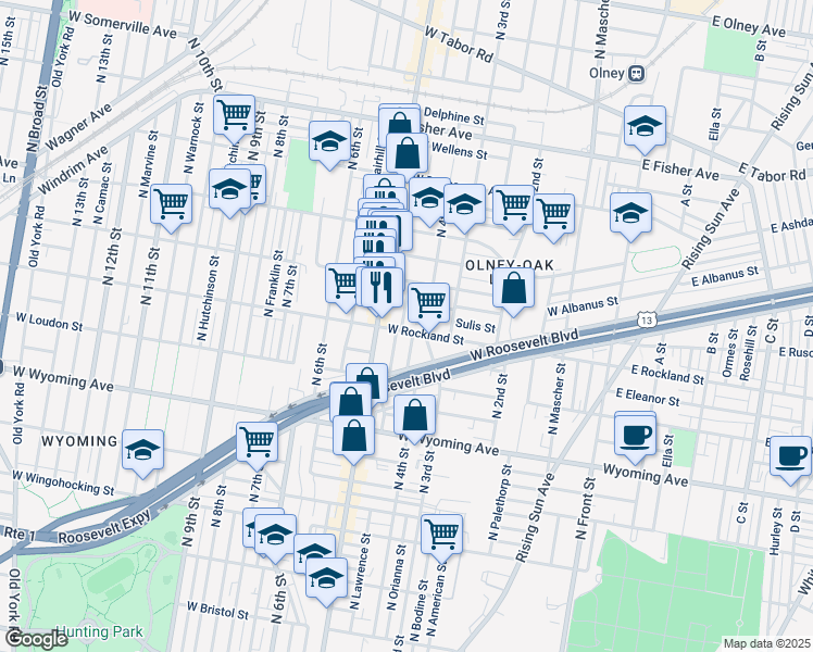map of restaurants, bars, coffee shops, grocery stores, and more near 423 West Rockland Street in Philadelphia