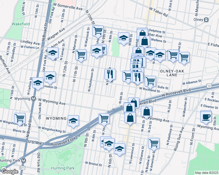 map of restaurants, bars, coffee shops, grocery stores, and more near 4881 North 7th Street in Philadelphia