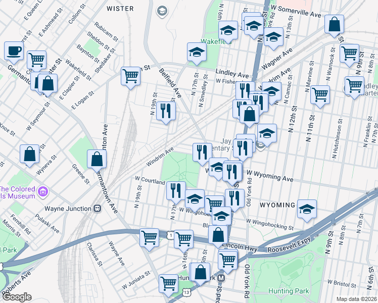 map of restaurants, bars, coffee shops, grocery stores, and more near 1616 West Mentor Street in Philadelphia