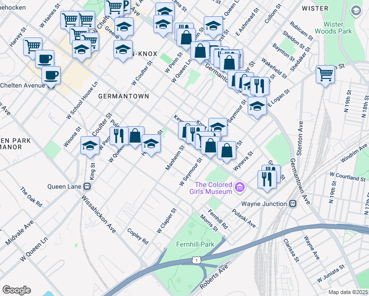 map of restaurants, bars, coffee shops, grocery stores, and more near 5102 Wayne Avenue in Philadelphia