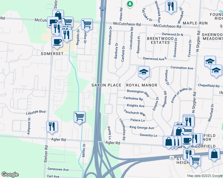 map of restaurants, bars, coffee shops, grocery stores, and more near 274 Penny Lane in Gahanna