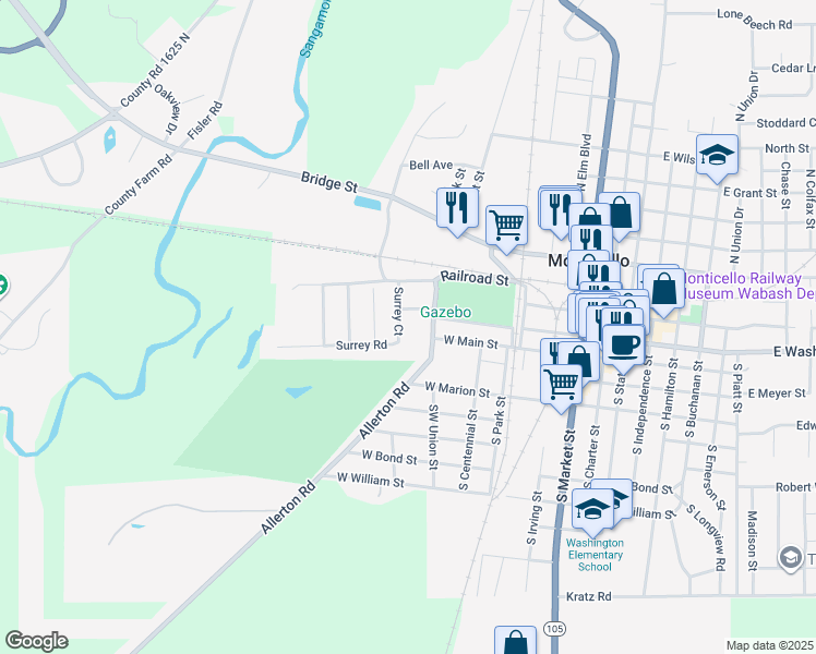 map of restaurants, bars, coffee shops, grocery stores, and more near 104 Surrey Court in Monticello