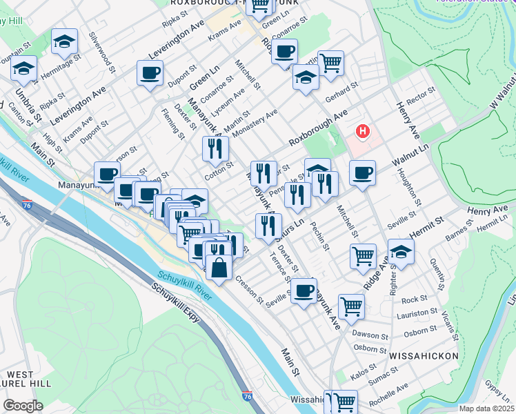 map of restaurants, bars, coffee shops, grocery stores, and more near 239 Pensdale Street in Philadelphia